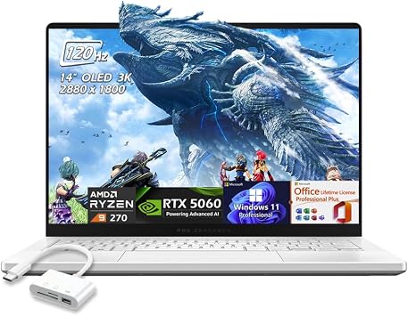 ASUS ROG Zephyrus G14 14" OLED 3K 120Hz Gaming Laptop, AMD Ryzen 9 270, RTX 5060, 16GB LPDDR5X RAM 1TB SSD, WiFi7, Backlit KB, Win11Pro Office Lifetime License, White, w/USB 3.0 Hub, W/GaLiMu