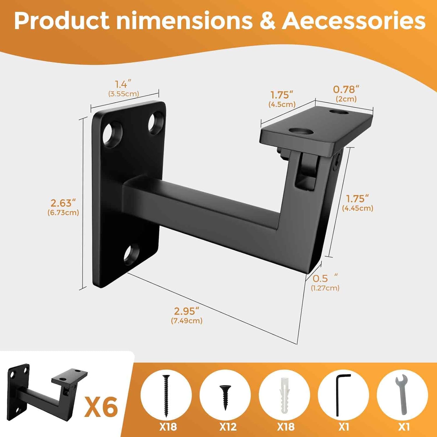 6 Pack Handrail Brackets,Lasiever Adjustable Handrail Brackets for Stairs,Black Rustproof Stair Railing Bracket for Staircase Handrails, Hand Rails for Indoor Stairs, Bedroom,Corridors