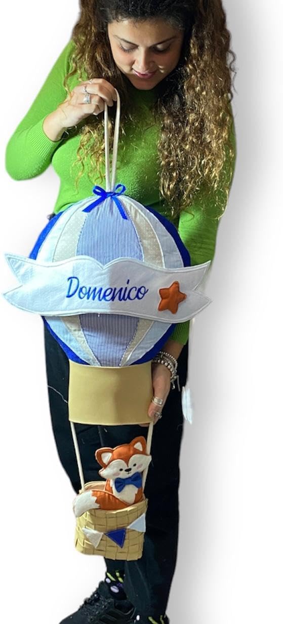 Pri Frog Fiocco Nascita Mongolfiera con Volpino - Coccarda nascita - bimba - bimbo - Nome Personalizzato - Dimensione circa 65 cm di altezza - Handmade - Made in Italy