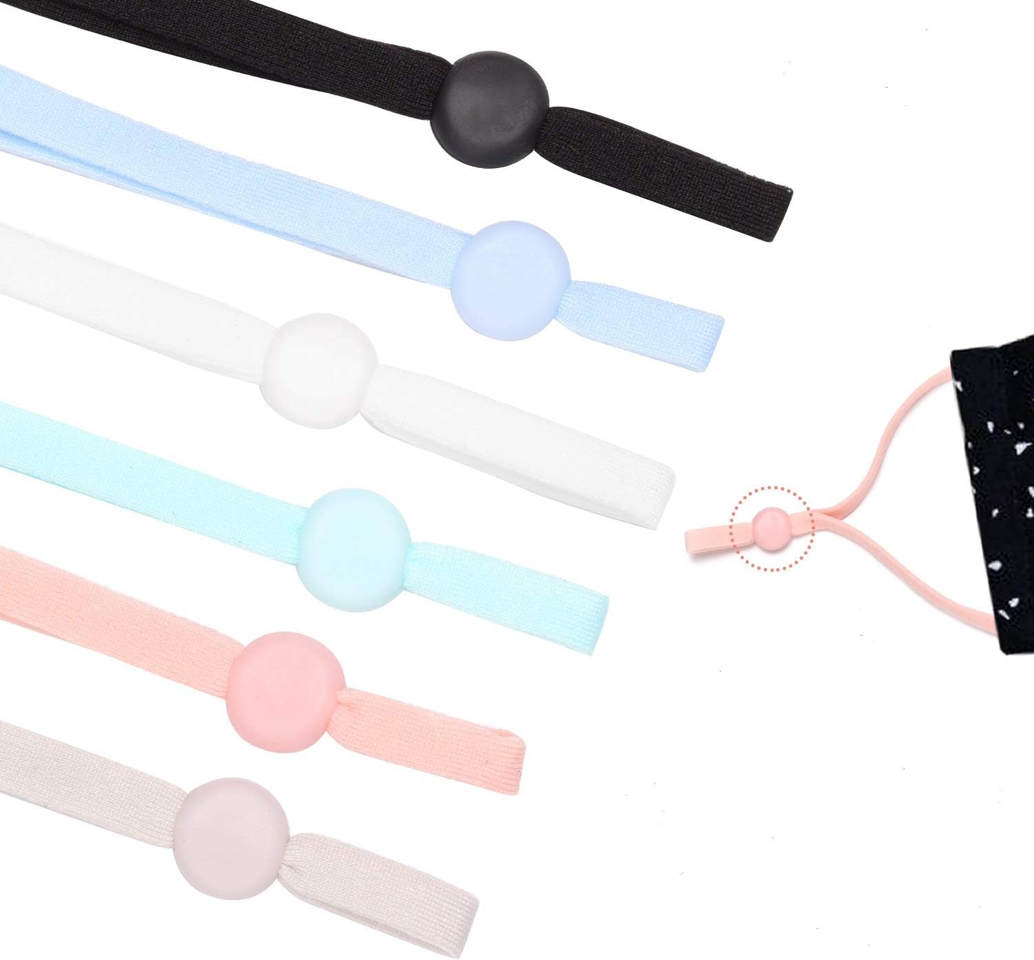 120 PCS 6 Assorted Colors 1/4 Inch Wide Elastic String Cord Bands Rope with Adjustable Buckle for Sewing Crafts DIY Mask, Suitable for Adults and Children (Black,White,Pink,Blue,Light Green,Gray)