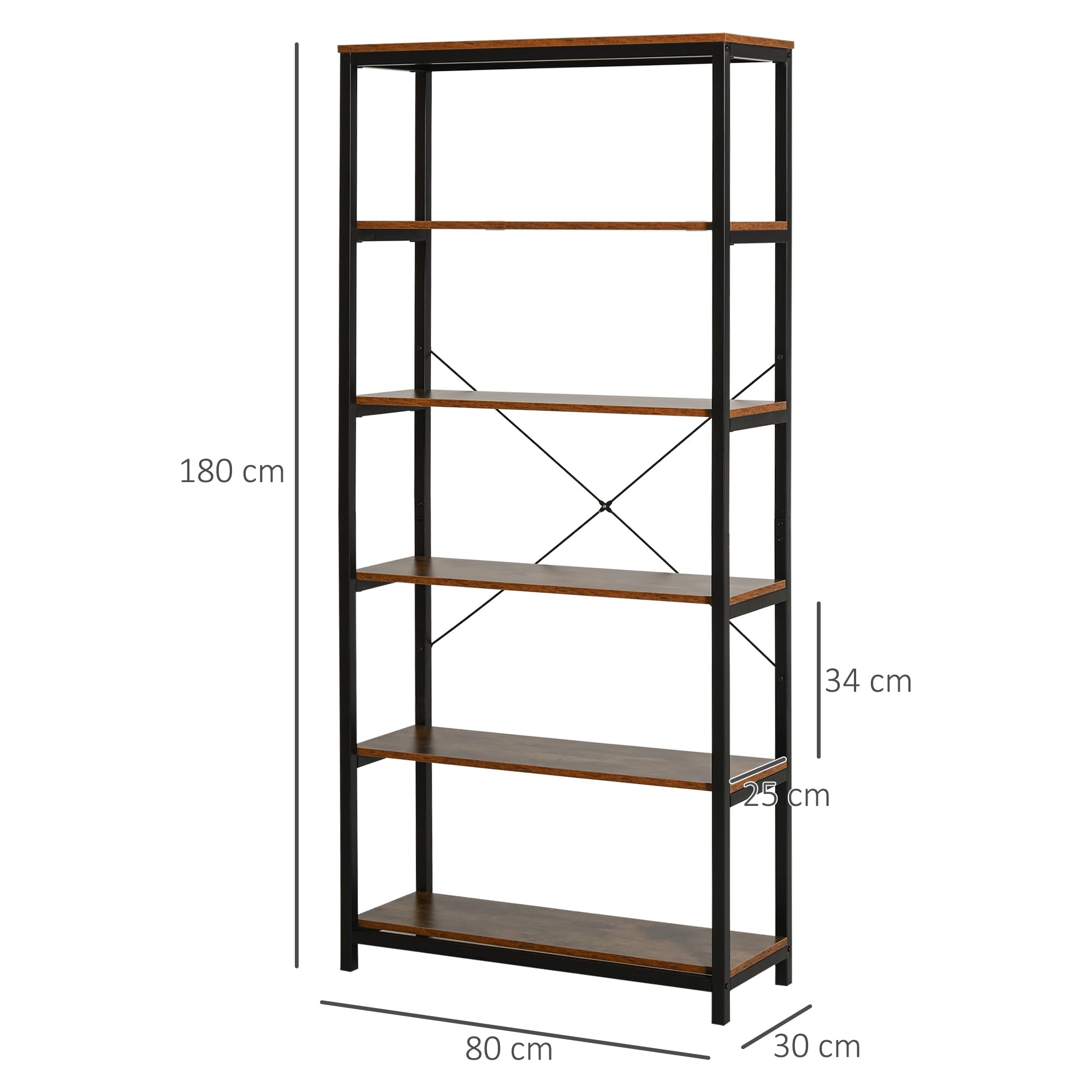 HOMCOM Libreria Verticale Industriale Vintage 6 Mensole 80x30x180cm Nero | Scaffale Salvaspazio, in Legno e Metallo
