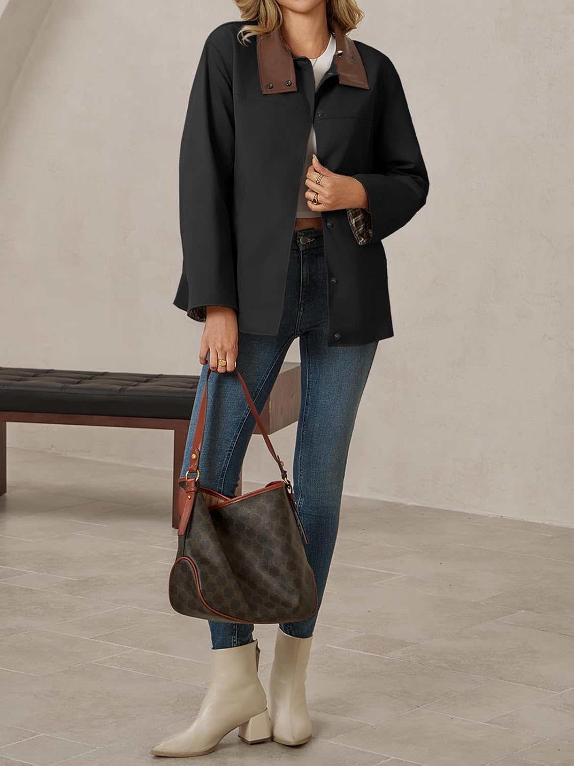 Tankaneo Womens Trench Coat Oversized Fall Barn Jacket Leather Collar Plaid Color Block Windproof Overcoat - Image 5