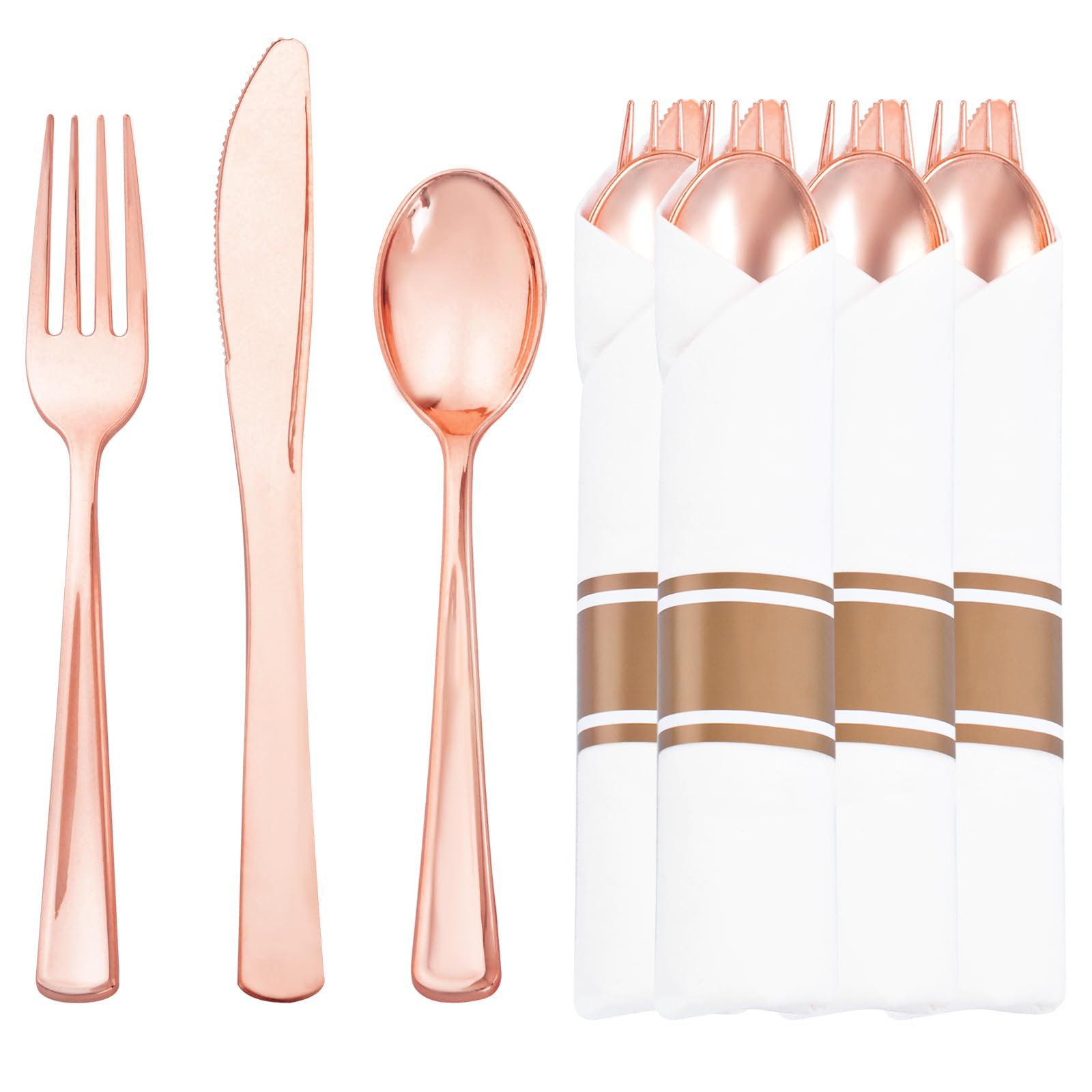 Liacere 100Pack Rose Gold Plastic Silverware - Pre Rolled Napkins with Rose Gold Cutlery - Wrapped Silverware Set Disposable100 Forks Knives Spoons Wrapped Utensils for Wedding&Mother's Day