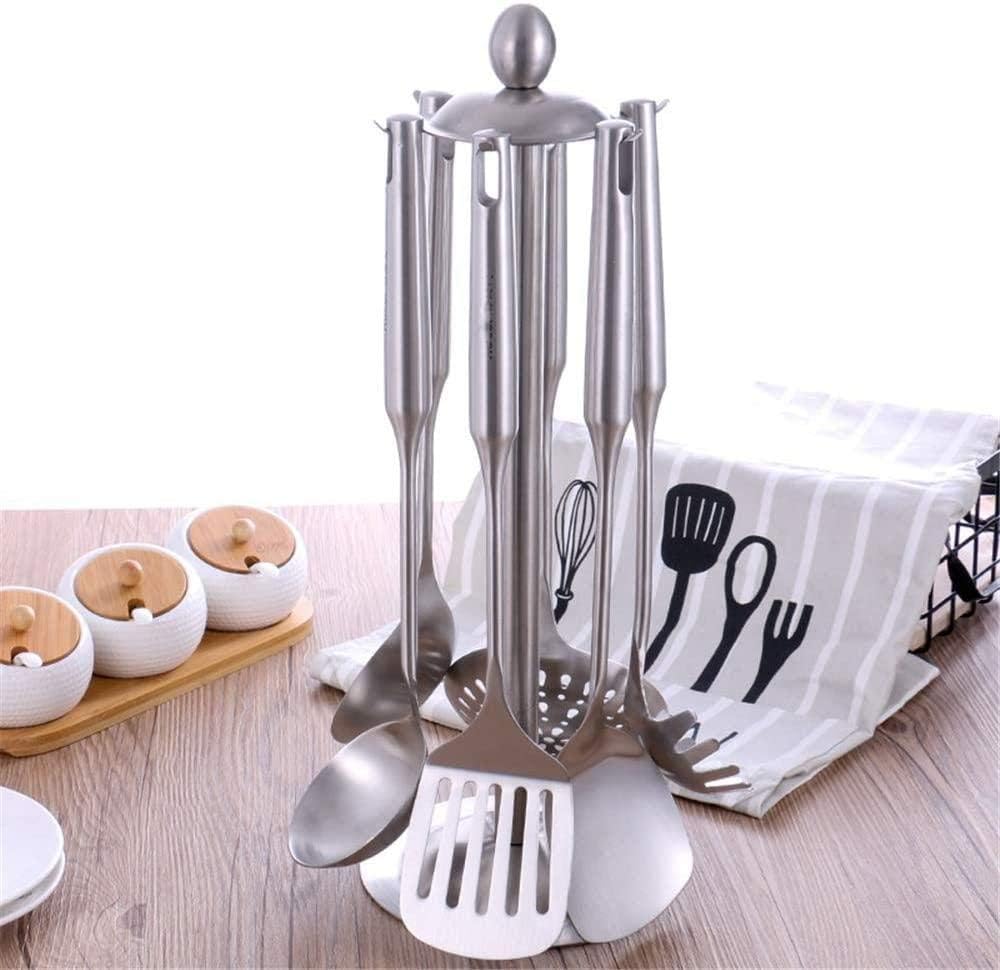 Juego de utensilios de cocina de acero inoxidable de 6 piezas con asas huecas, incluye espátula, cuchara de sopa, skimmer, pala para freír, cuchara de arroz para utensilios de cocina antiadherentes