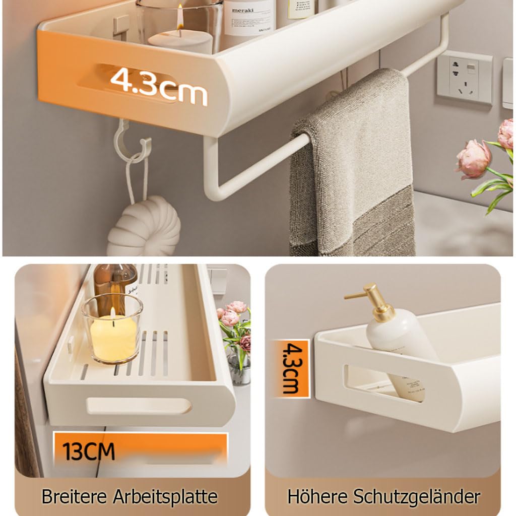 Estante de Ducha sin Taladro, Estante de Pared Plano, Organizador de baño con Cesta de Pared para cosméticos, Organizador de baño con toallero para artículos de higiene,B,60cm