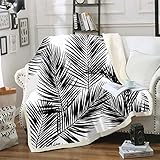 Plaid en Peluche avec Feuilles de Palmier Noir Feuilles de Palmier hawaïen Feuilles Tropicales Couverture Sherpa Fauteuil Noir/Blanc Chaud Simple 127 x 152,4 cm