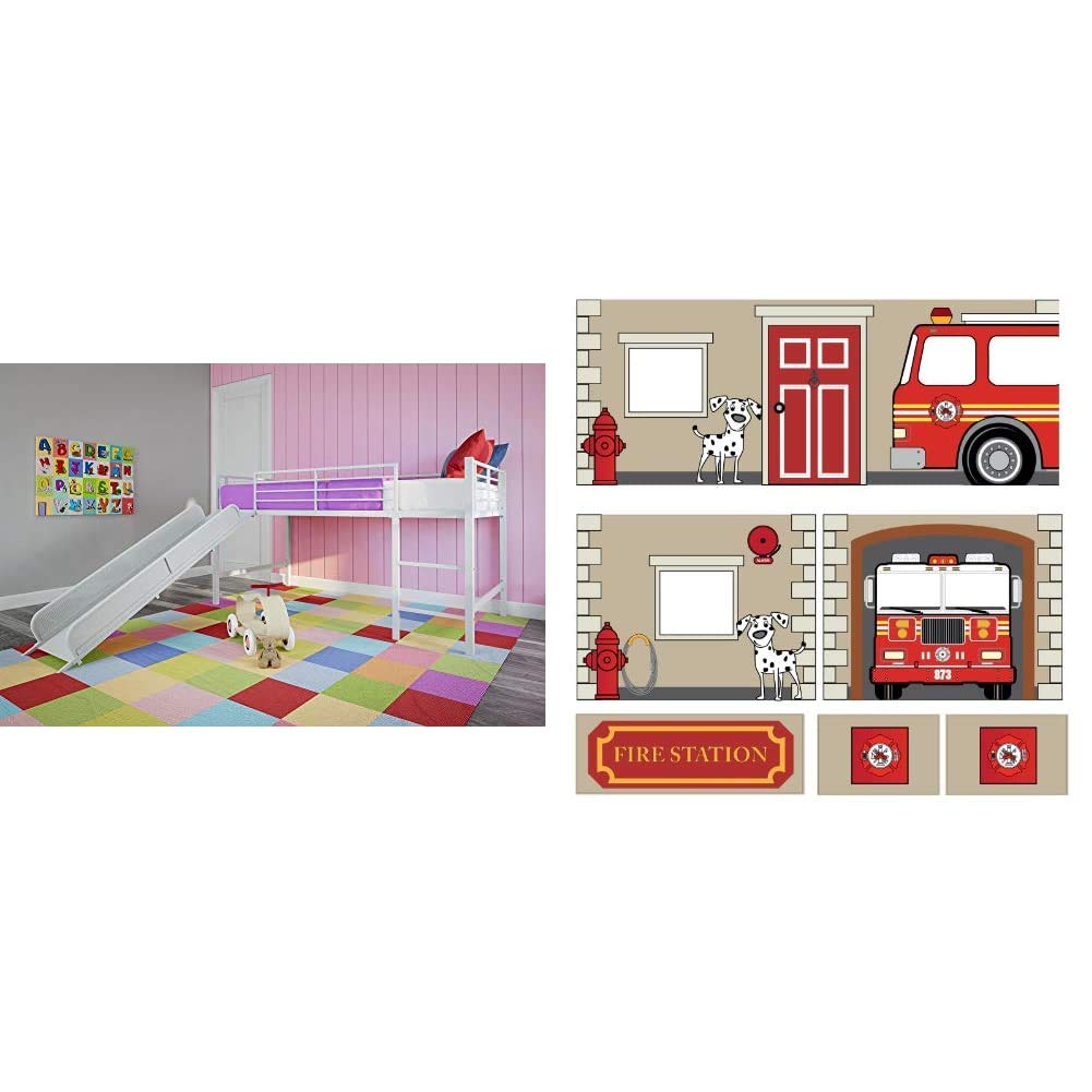 DHP Junior Twin Metal Loft Bed with Slide, Multifunctional Design, White with White Slide & Fire Department Design Curtain Set for Junior Loft Bed, Kids Furniture, Blue