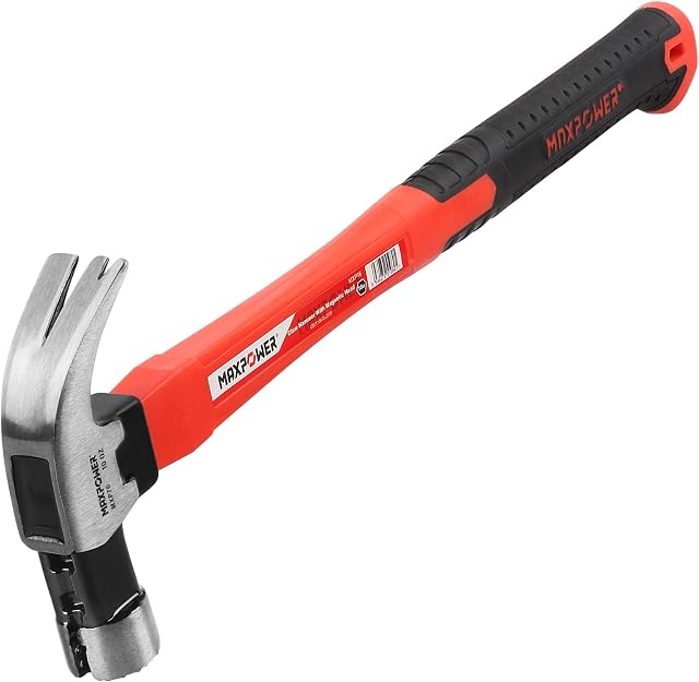 MAXPOWER 10Oz Curved Claw Hammer Rip Hammer with Magnetic Nail Holder and Non-Slip Fibreglass Handle, 10Oz/280g