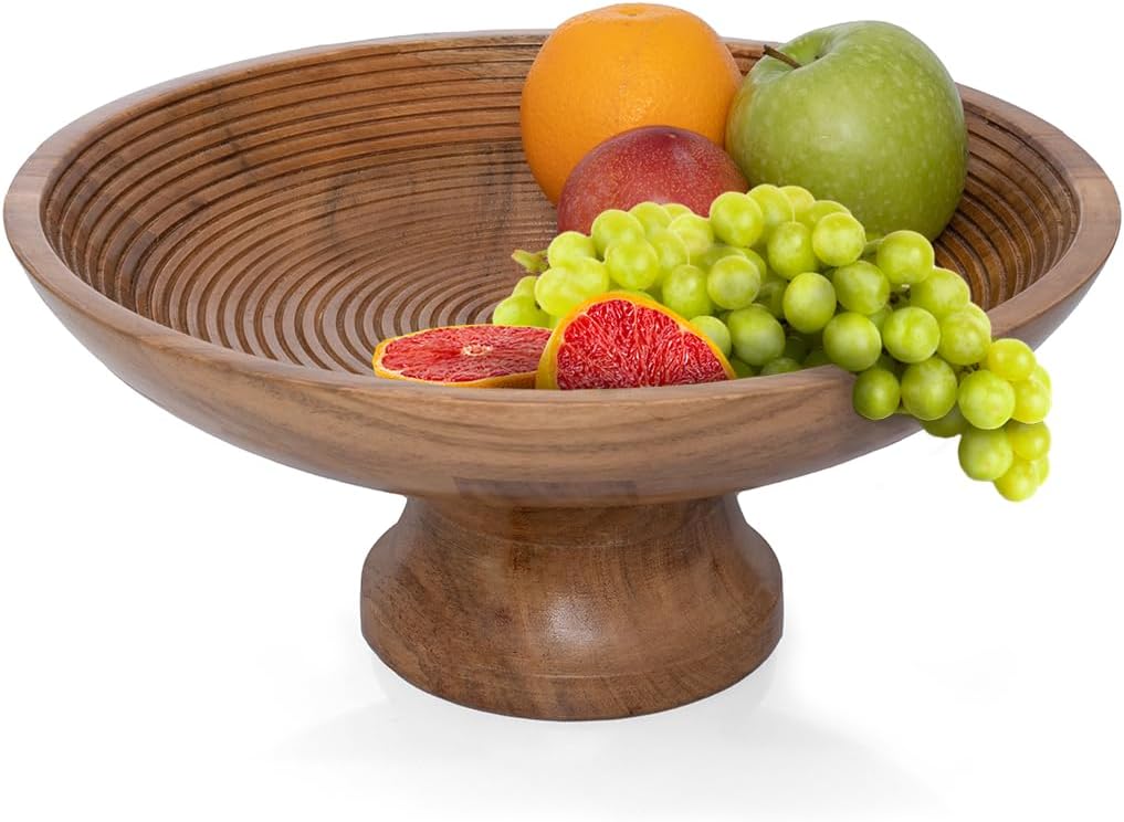 Folkulture Wooden Fruit Bowl for Kitchen Counter | 12" Large Premium Eco Friendly Banana Fruit Basket for Kitchen | Acacia Wood Bowl with Holder, Pedestal for Table Decor, Centerpiece for Dining Table