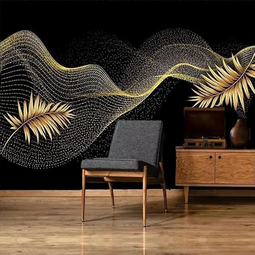 Lbhswwx Mint Green And Gold Black Gold Tropical Leaf Mural Wallpaper, Silk Cloth，（W）320×（H）210Cm