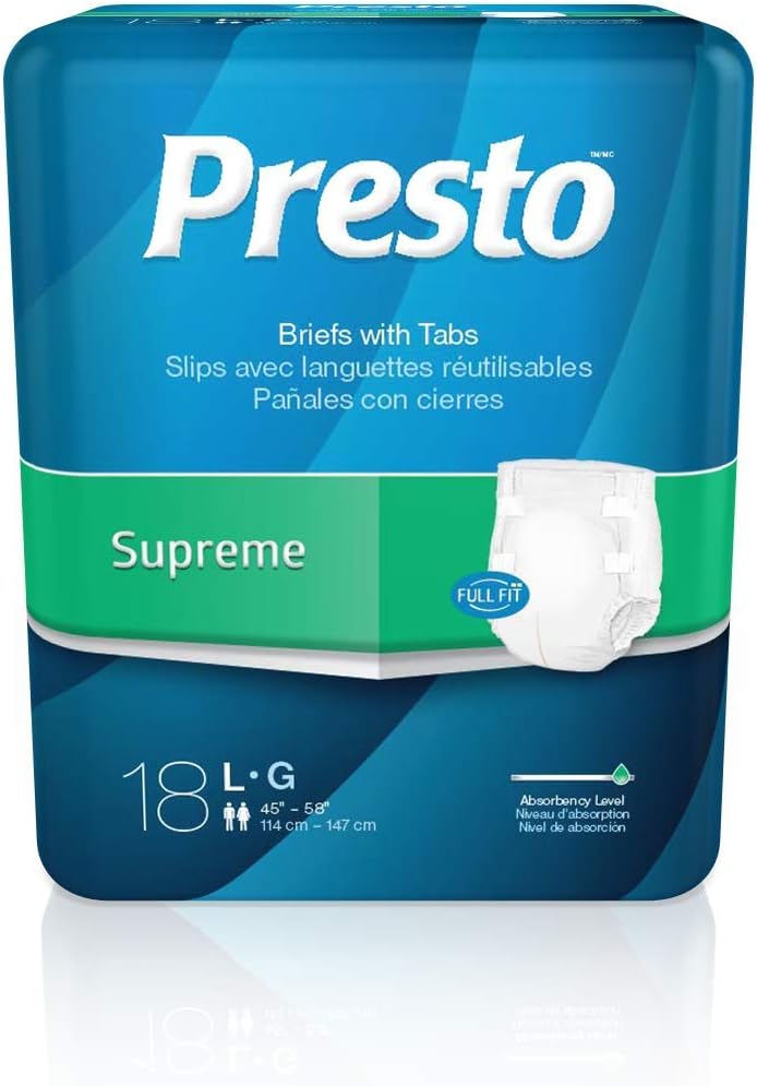 Presto Supreme Full Fit Adult Briefs with Tabs, Large (45"-58" Waist) – Unisex Adult Diapers with Tabs – OdorSecure, MoistureLock Dual Core & Soft Materials – Blue, 72 Count (4 Bags of 18)