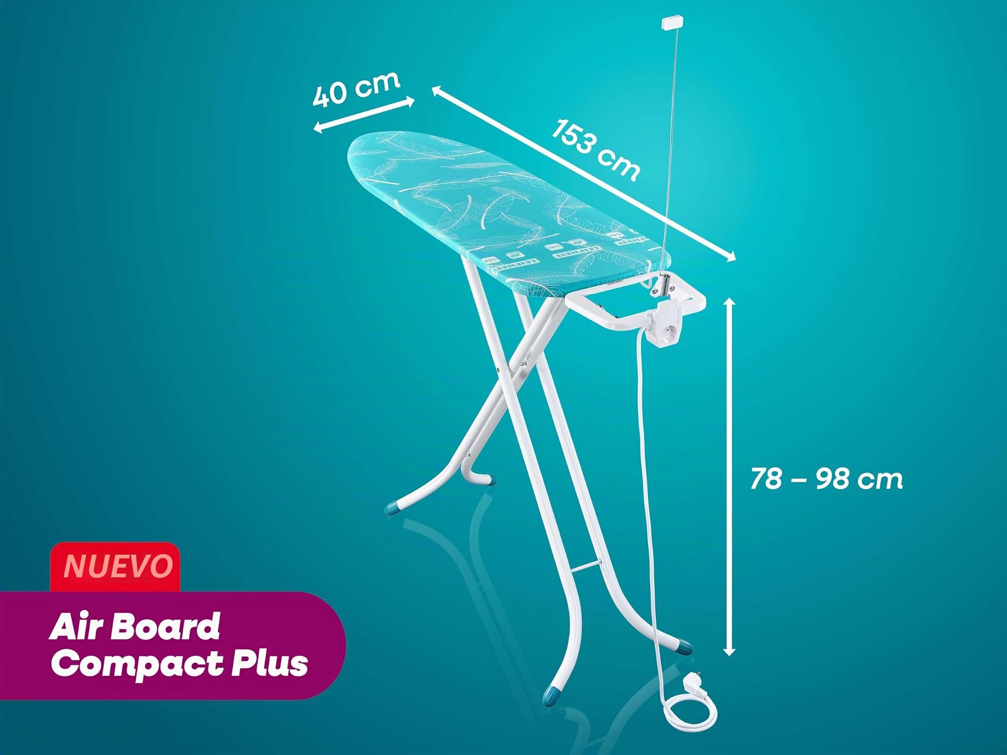 Leifheit Tabla de Planchar Air Board M Compact Plus Thermo-Reflect | Superficie 120 x 38 cm, ultraligera, altura regulable hasta 98 cm, soporte para plancha, enchufe y sujetacable
