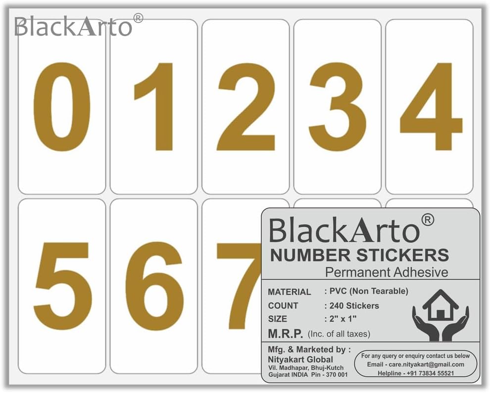 Number Stickers - 0 to 9 Numbers 5 x 2.5 cms or 2" x 1" Label Stickers for Project, Kids Activity, Medicine, Door, Cars, Trucks, Home, Address Number - Pack of 240 (Golden on White)