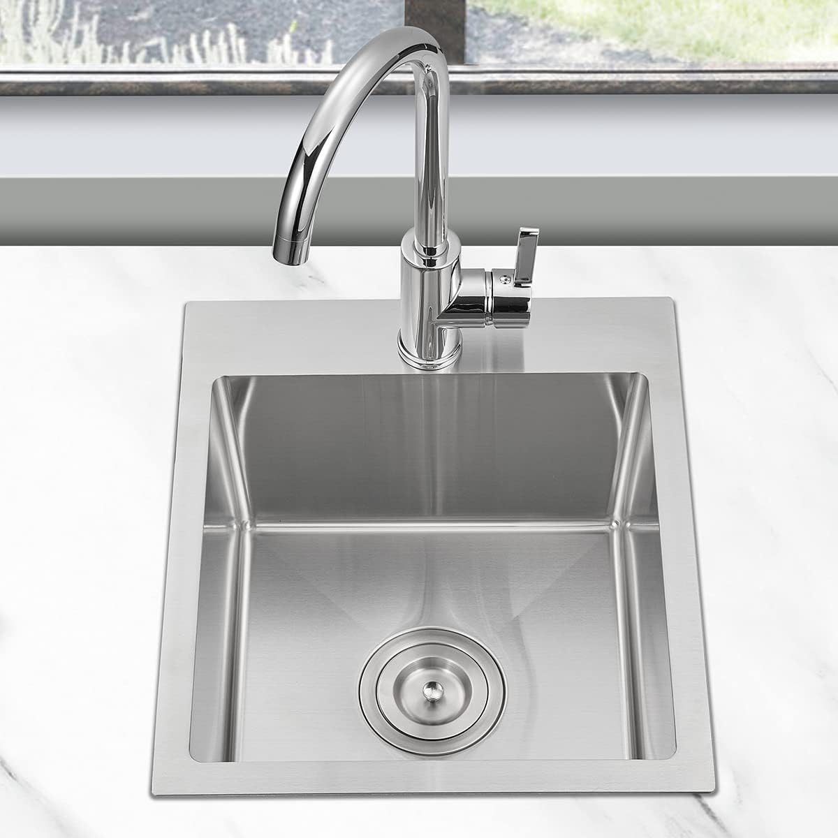 15 inch Bar Sink Drop in, 304 Stainless Steel Sink Single Bowl, 15"x17"x8" Small Sink Topmount for Wet Bar, Prep, RV, Apartment and Tiny Homes, Brushed