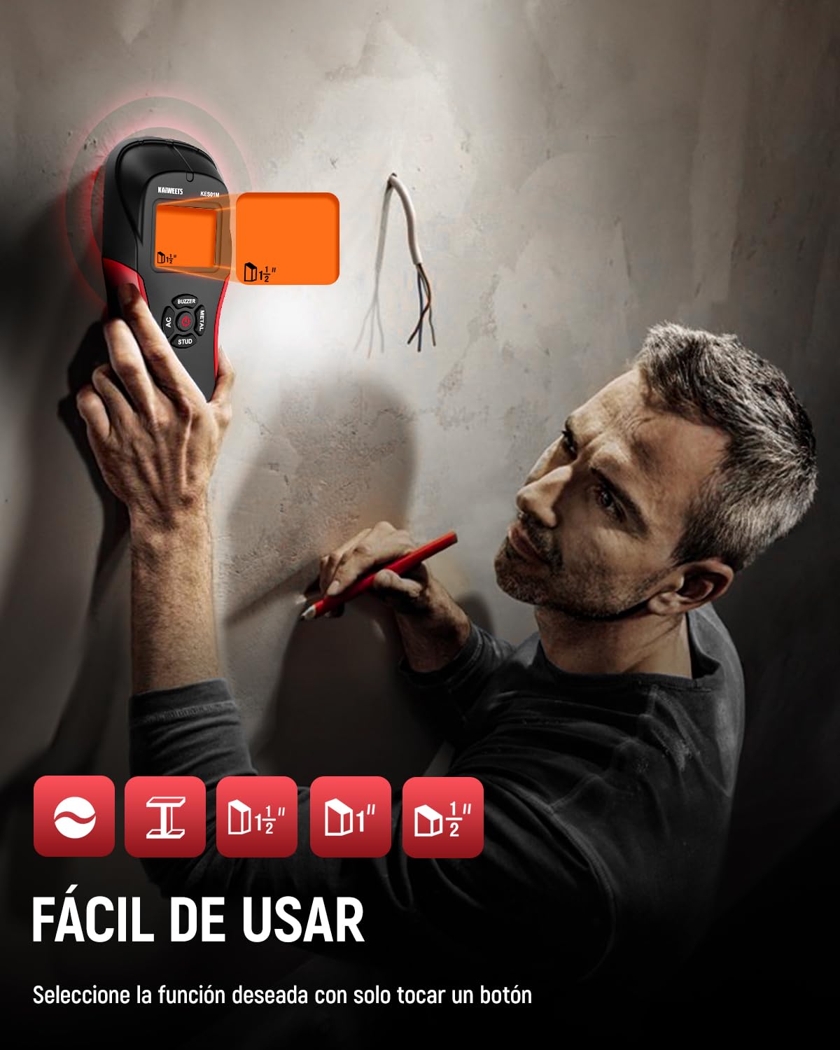KAIWEETS Detector Cables y Tuberias, Detector Cables Pared con Alarma de Calibración, Escáner de Pared para Madera, Metal y Líneas Eléctricas (Negro)