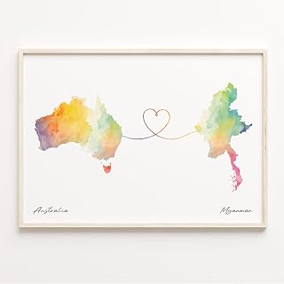 Australia to Myanmar Print, Watercolor Map Poster, Mozambican Travel Wall Art, Far Apart