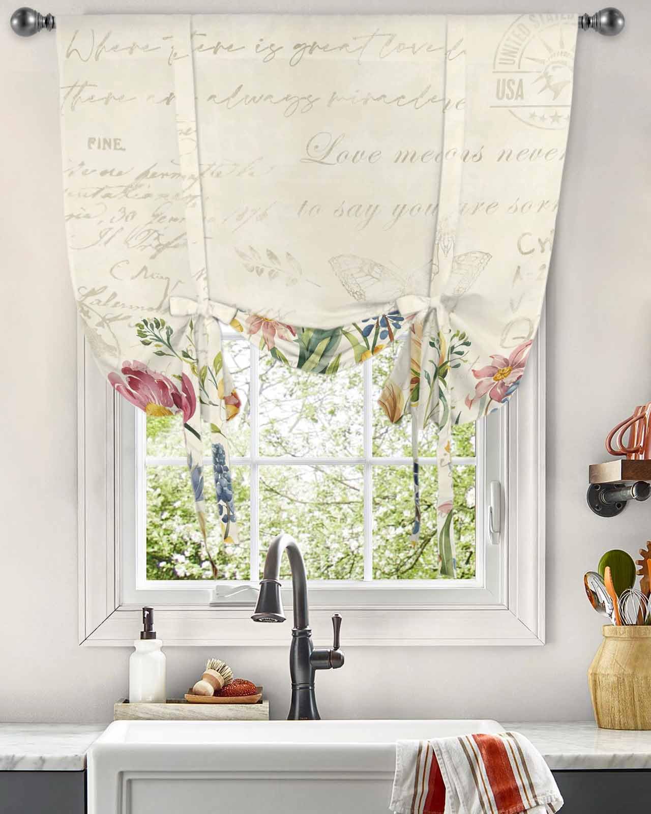 Colorful Flowers Tie Up Curtains for Windows 63 Inch Length Balloon Curtains Kitchen Adjustable Balloon Window Shade Spring Botanical Wild Florals Herbs Tie Up Valance Bathroom Curtain Window 42