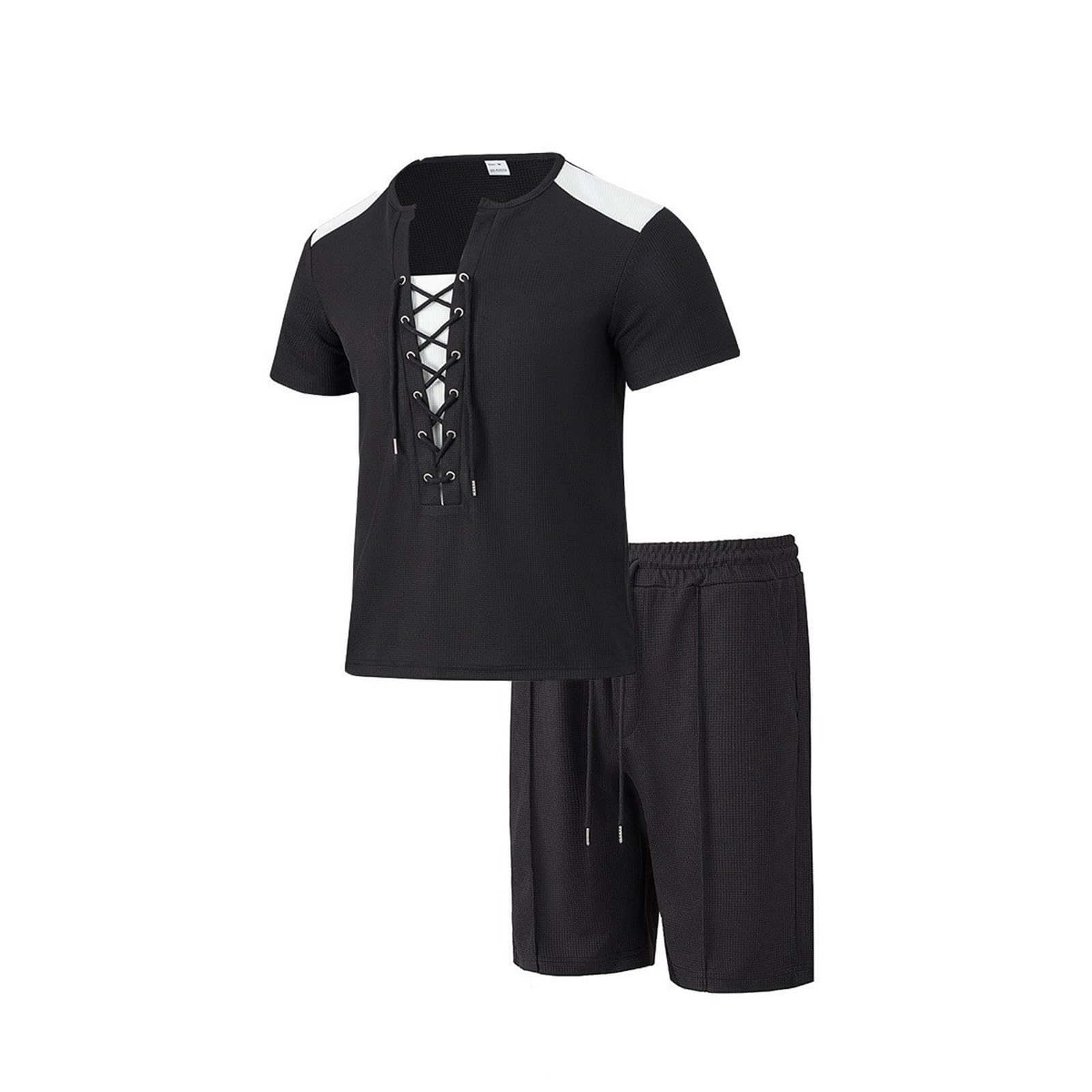 Set estivo da uomo, 2 pezzi, con lacci, maglietta e pantaloncini, a maniche corte, per il tempo libero, in maglia a nido d'ape, per la spiaggia, per la vita quotidiana