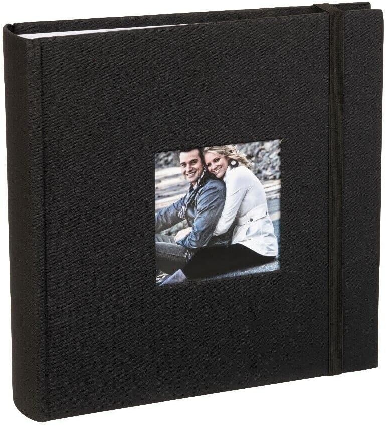 Kenro Aztec Black Linen Photo Album for 200 Photos 7x5 / 13x18cm with Space for Photograph on Front Cover, Slip-In Pages - AZ103BL