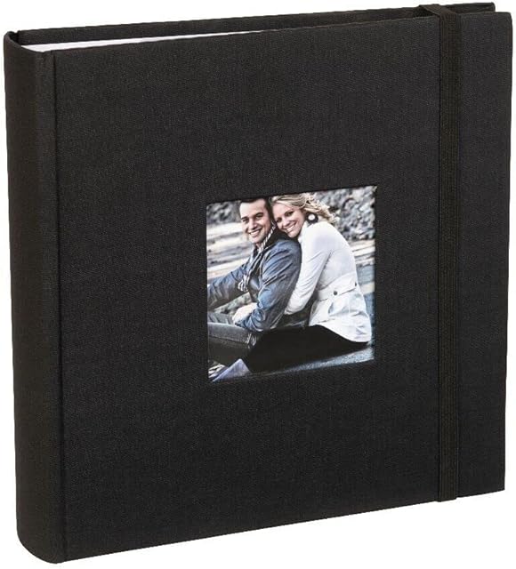 Kenro Aztec Black Linen Photo Album for 200 Photos 7x5 / 13x18cm with Space for Photograph on Front Cover, Slip-In Pages - AZ103BL