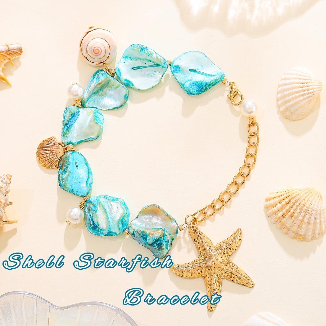 Pearl Shell Bracelets for Women Starfish Pendant Bracelet Boho Summer Bracelet Irregular Sea Shell Bracelets (Blue) - Image 2