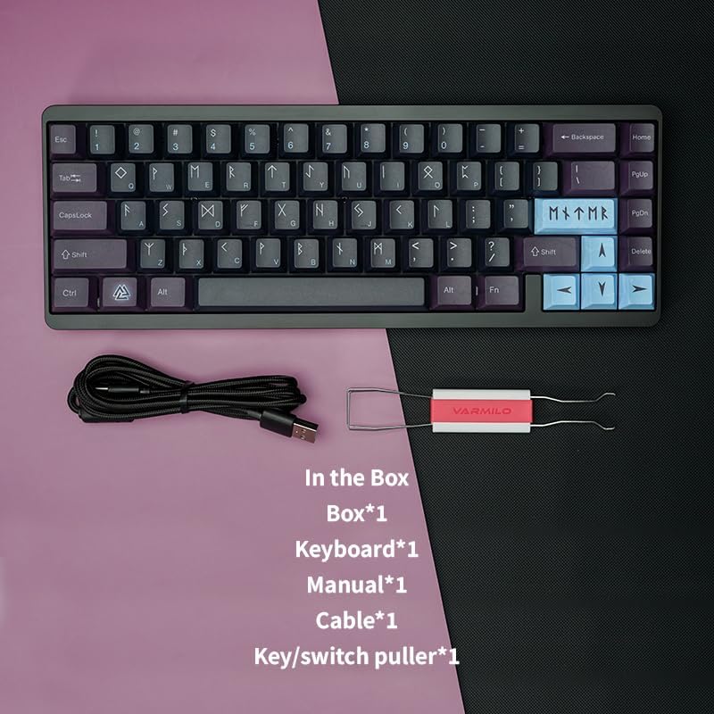 Contents of the Muse65 keyboard box including keyboard, cable, and keycap puller
