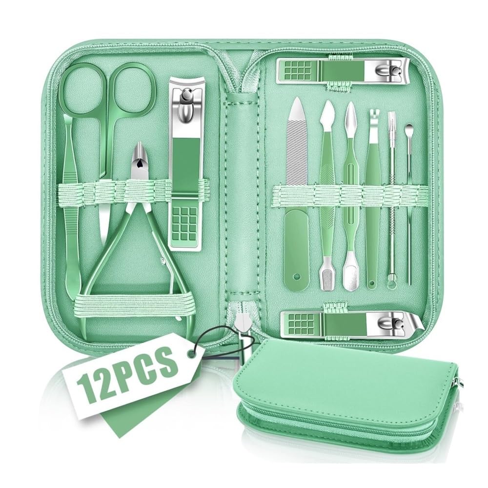 Kit Manicure per Donna, Set for Manicure e Pedicure da 12 Pezzi for Donne e Uomini, Kit for la Cura delle Unghie in Pelle con Strumenti Professionali(Green)
