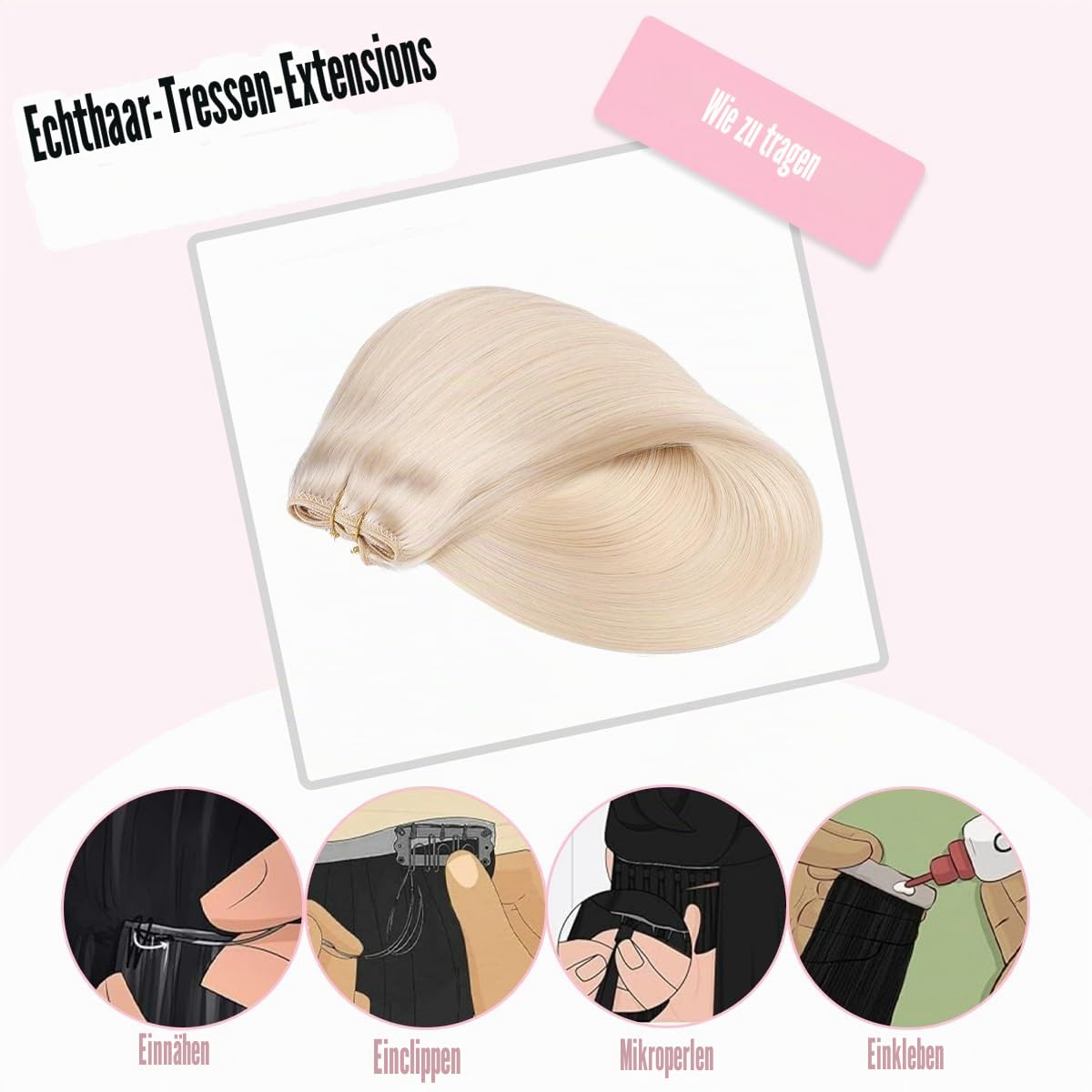 SURNEL 50cm 100g Tressen Echthaar Extensions Blond Echthaar Tressen Zum Einnähen Platinum Blond Remy Weft Extensions Human Hair Braids (Tressen#60-20zoll)