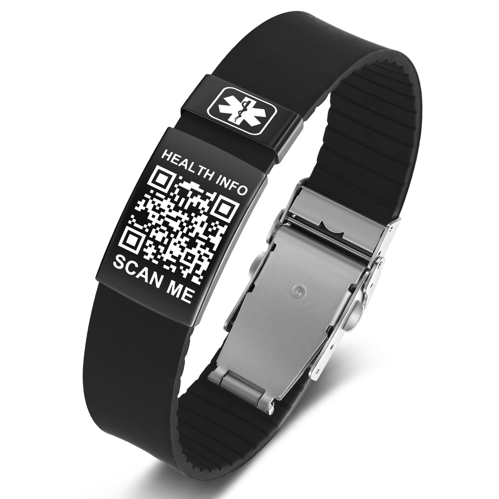 Medizinisches Armband mit QR-Code-Notfall-ID, aus Silikon, wasserdicht, passt bis 22,9 cm Handgelenk, Notfallinfo, mehr Platz, für Sport, Jungen/Mädchen/Damen/Herren