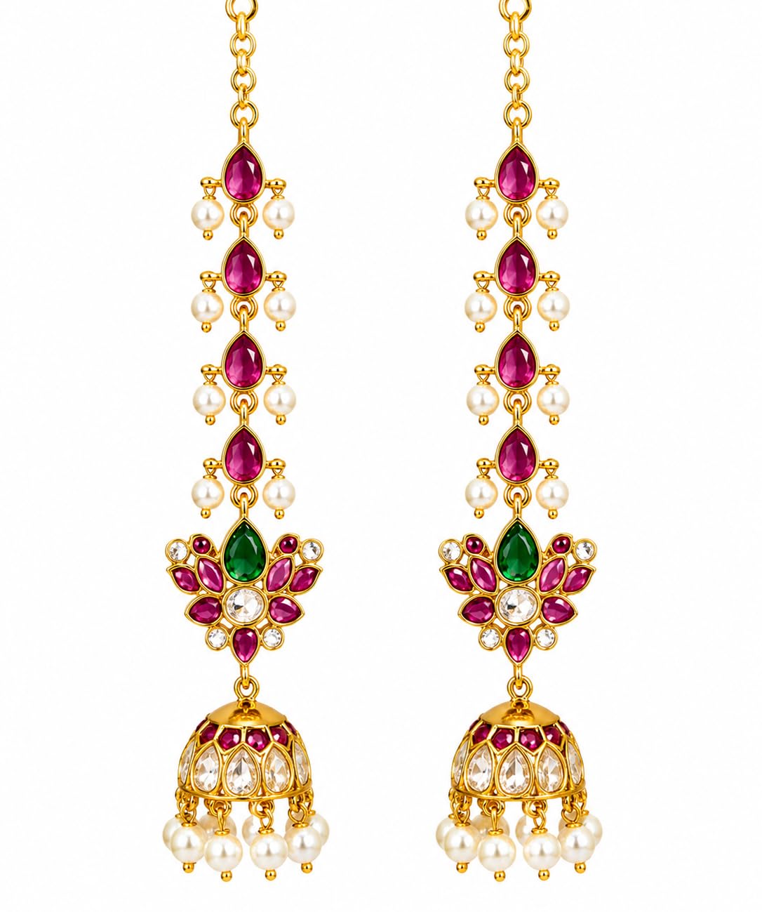 Premium South Indian Lotus Mattal Jhumka Earrings | Ruby Green Kemp Stone Temple Jewellery | Long Pearl Hanging Bridal Earrings for Women-image-7