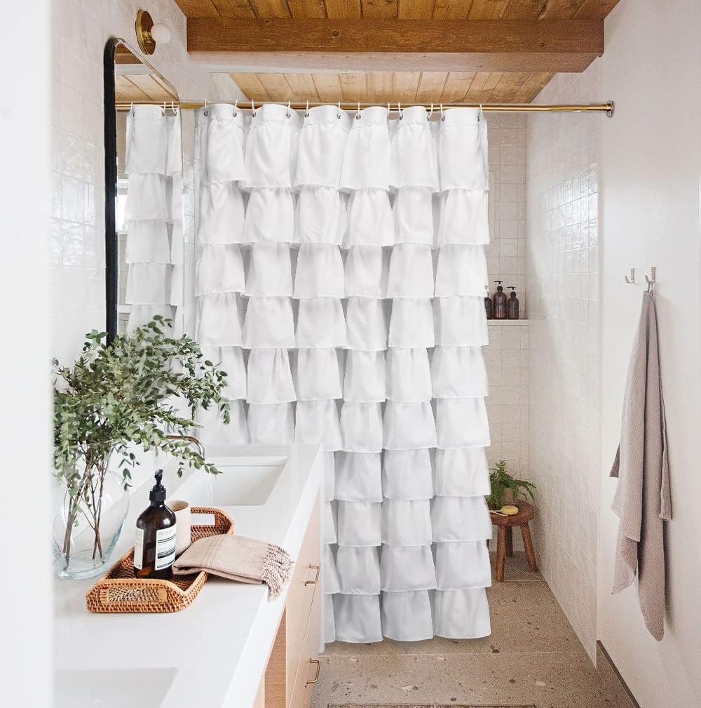 Volens Cortina de ducha blanca con volantes para baño, 72 pulgadas de largo