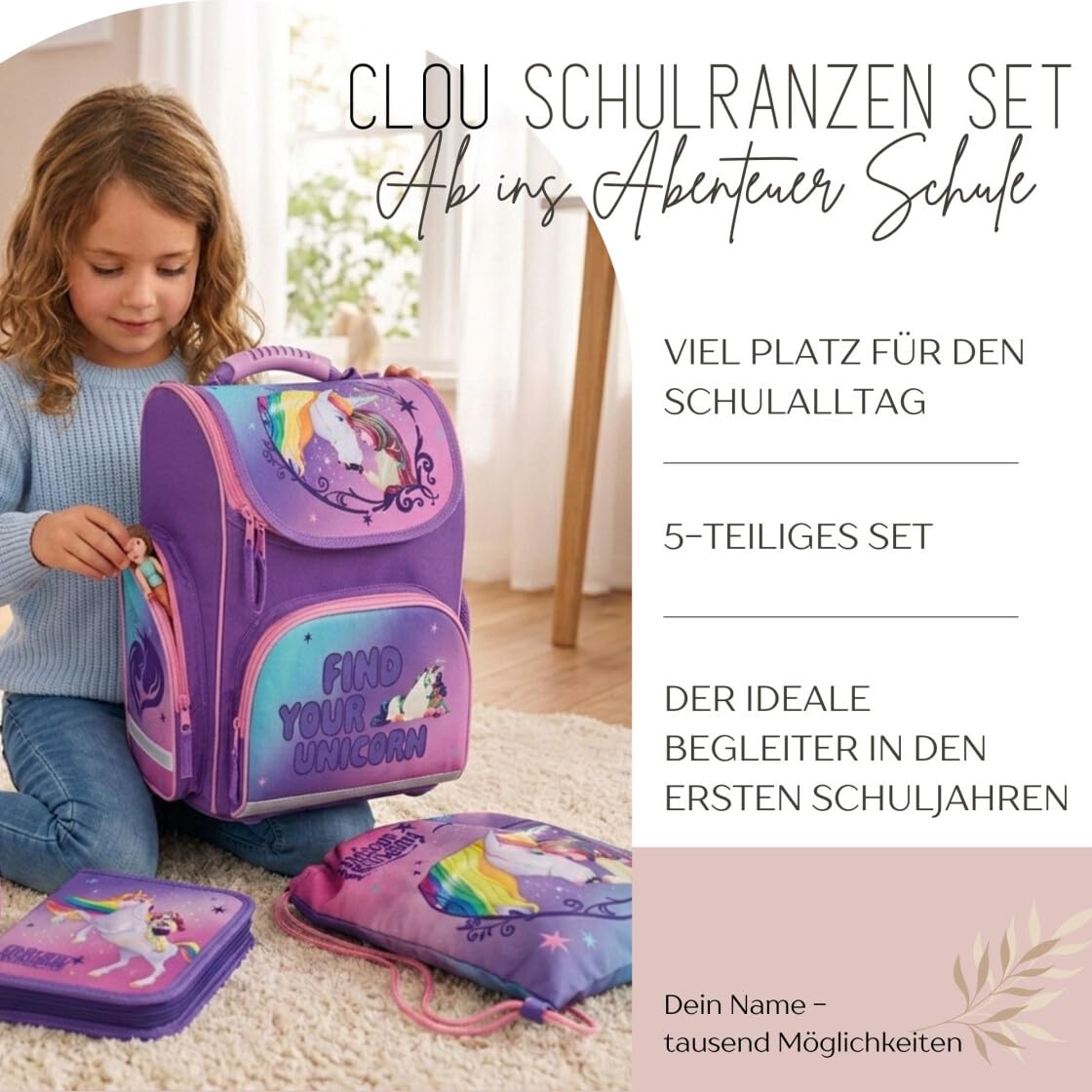 Undercover Juego de mochila escolar de 1ª clase, contenido personalizado con nombre, mochila escolar para niños y niñas, escuela primaria, unicornio de la Academia Unicorn