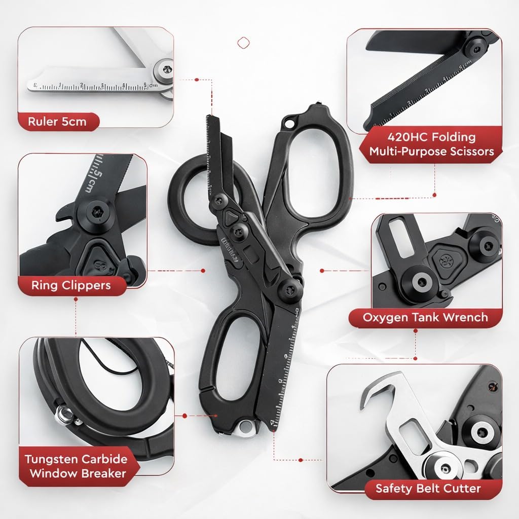 Trauma Shears Tactical 6 In1 Scissors,Heavy Duty Stainless Steel Foldable Outdoor Camping Rescue Scissors, with Glass Breaker, Strap Cutter with Holster Mini Wrench & Cover