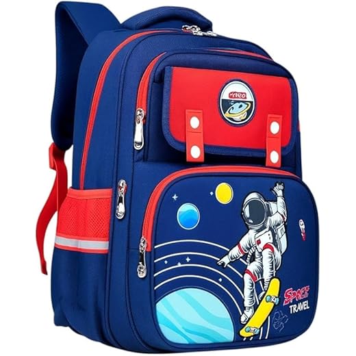 Mochila Escolar Infantil Astronauta, Ortopédica, Acolchoada, Reforçada, para Meninos 7-12 Anos, Design Espacial (AZUL/VERMELHO)