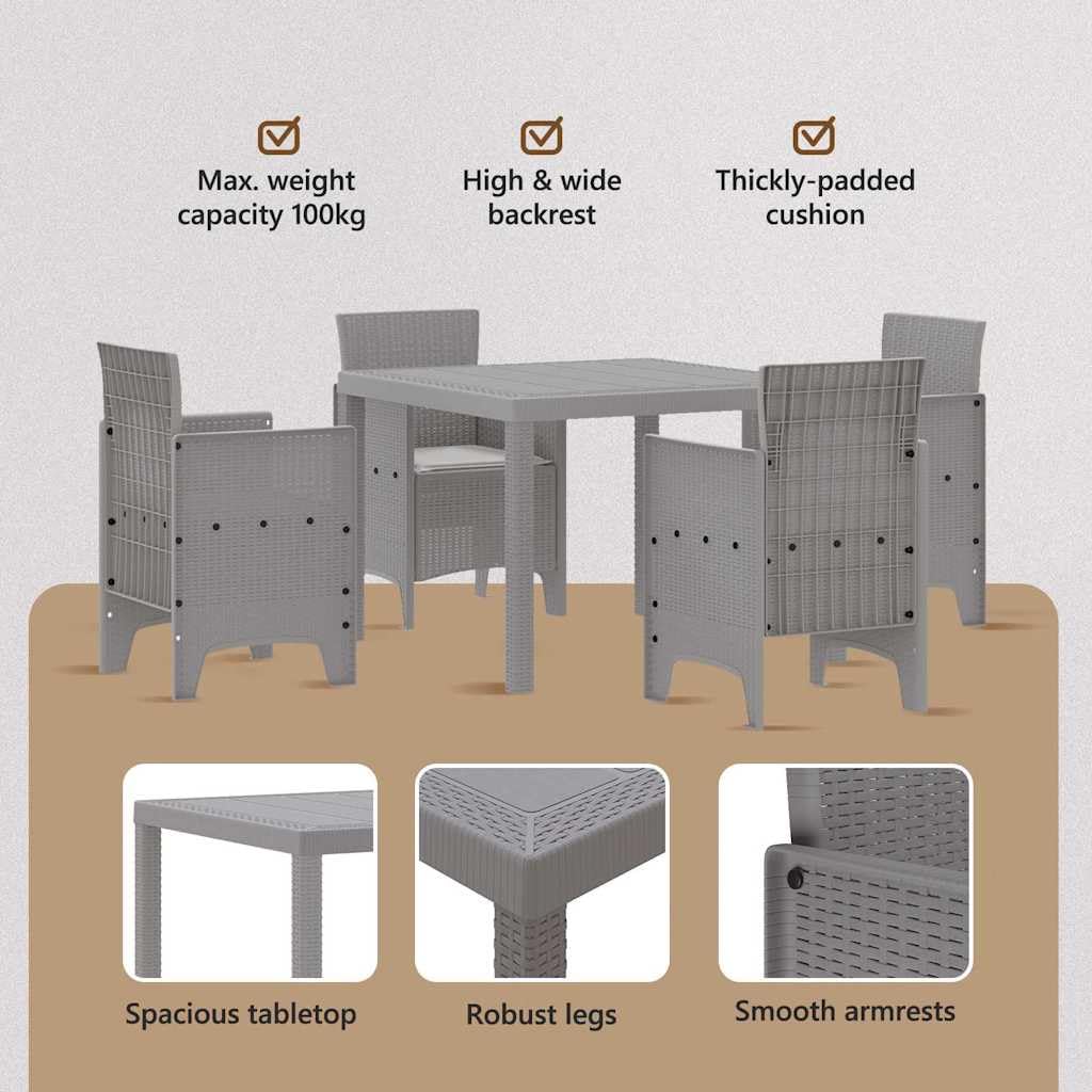 vidaXL Set da Pranzo per Giardino 5 PCS Grigio Chiaro Rattan Polt, Set da Pranzo all'aperto, arredo Giardino Moderno, Leggero per TACE, Tavolo Robusto per riunioni estive