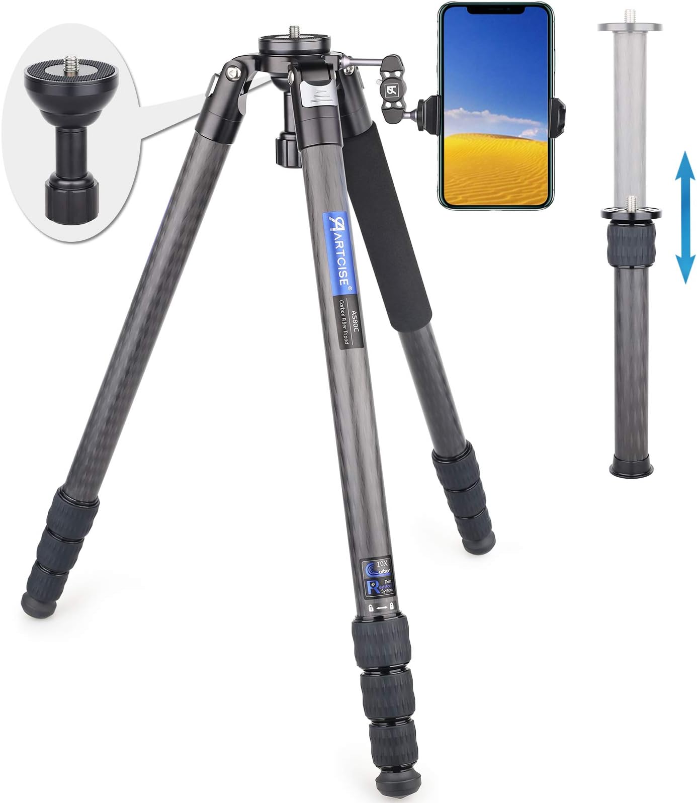ARTCISE Carbon Fibre Tripod 196 cm Camera Video Tripod with 65 mm Quick Bowl and Central Column for Digital SLR Camcorder Maximum Load 44 lb/20 kg