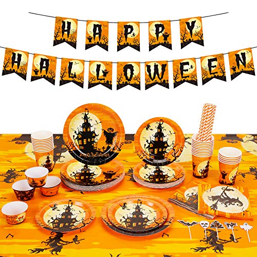 Decorlife Halloween Plates and Napkins,170PCS Halloween Tableware Set Including Tablecloth, Cupcake Toppers and Wrappers, Haunted House Plates, Witch Napkins, Cups, Straws  Serves 24