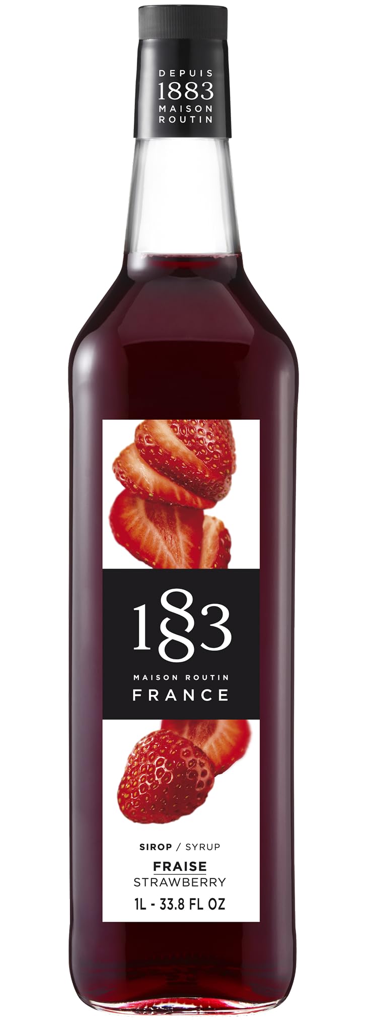1883 Maison Routin Premium Strawberry Syrup for Cocktails, Mocktails, Iced Tea, Desserts, Smoothies & Bubble Tea Glass 1L