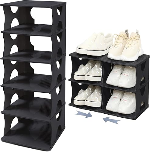 Miniatura 21 de Zapatero de 6 niveles, organizador apilable de almacenamiento de zapatos para entrada de dormitorio, zapatero ajustable, estante organizador