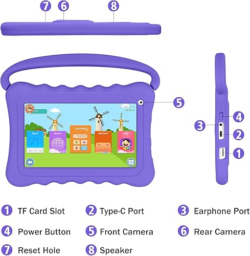 Miniatura 5 de Tableta infantil de 7 pulgadas para niños de edición para niños con doble cámara WiFi, tableta para niños pequeños de 32 GB Android con controles