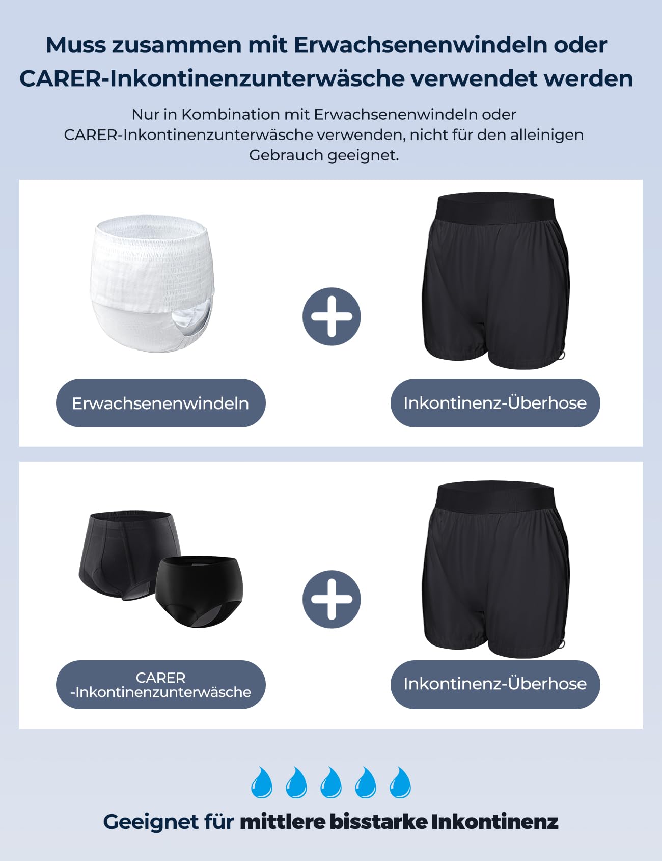 Carer 3er-Pack Inkontinenz-Überhose für Erwachsene Unisex Boxershorts | Auslaufsicher Geräuschlos Verstellbarer Beinabschluss Waschbar Wiederverwendbar Wasserdicht Gummihose Schwarz Größe L