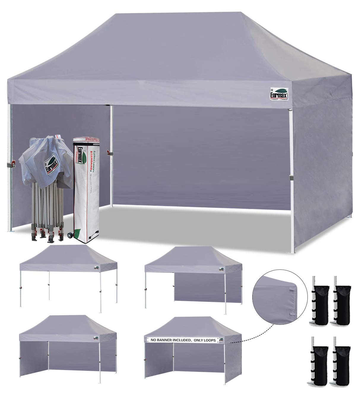 Eurmax USA 10x15 Pop Up Canopy Tent,Commercial Tent with Patented No-Tip Rolling Bag,4 Zippered Removable Walls,UV &amp; Water Resistant Canopy Top,Heavy Duty Outdoor Gazebo,Instant Shelter(Gray)