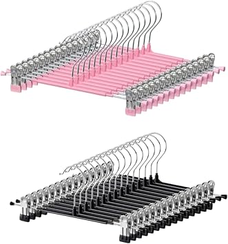 HUADYMEET 60 Pack 14Inch Pants Hangers with Clips,Metal Trouser Hangers for Jeans. Space Saving Heavy Duty Non-Slip Adjustable Closet Organizers and Storage Shorts Hanger for Women, Men, Pink and Blac