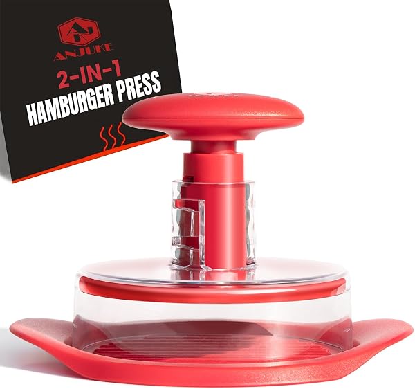 Burger Press, 6.4 inch Round Burger Smasher, 2 in 1 Non-Stick Burger Press Patty Maker for Making 1/2 lb and 1/4 lb BBQ Baking Stuffed Burgers Beef Burger(Red) - 1