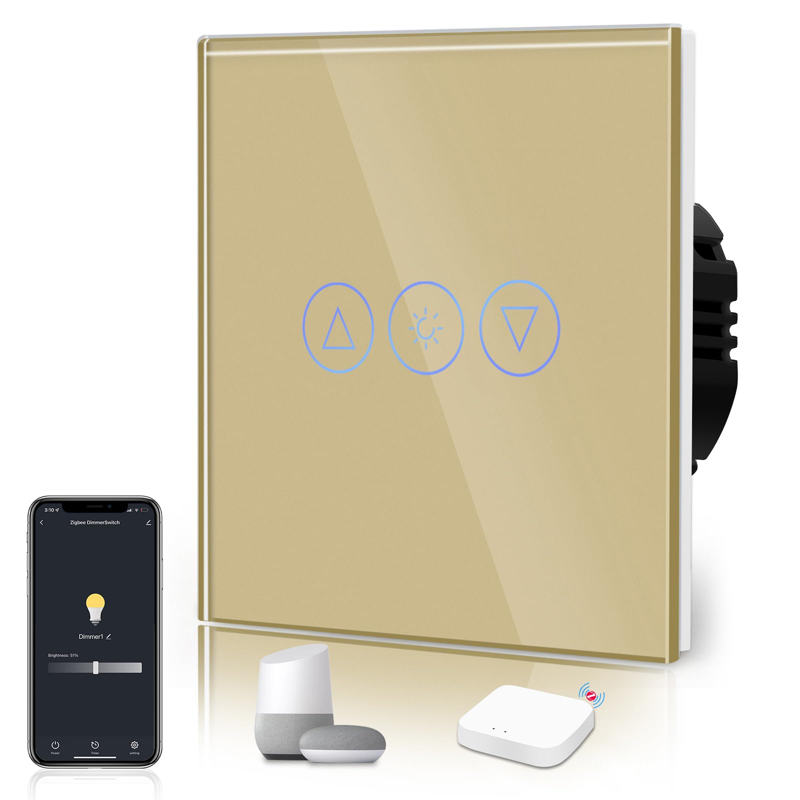 BSEED Zigbee Dimmer Switch,Glass Touch Panel,LED Lights,Work with Alexa/Smart Life App Control,Neutral Wire Required,Zigbee Dimmer 1 Gang 1 Way,86mm Gold — image 1