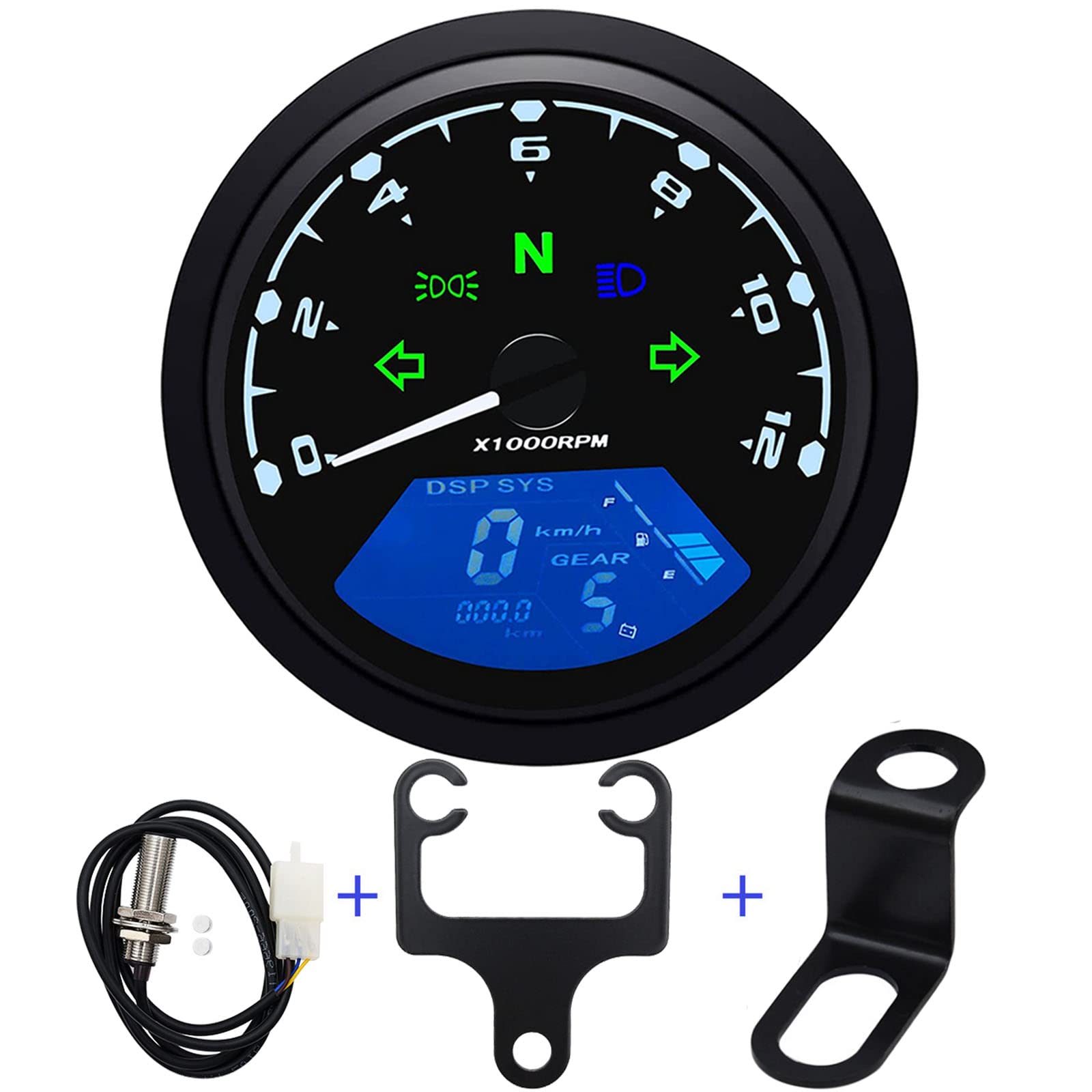 Digital Motorcycle Speedometer Gauge Odometer Tachometer 12000RPM 199 KMH MPH Universal for 1,2,4 Cylinders with Sensor Cable & Bracket