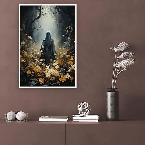 Miniatura 3 de Arte de pared de fantasmas de Halloween, póster de flores y fantasmas, arte gótico, lienzo espeluznante oscuro estilo academia, pósteres de estética