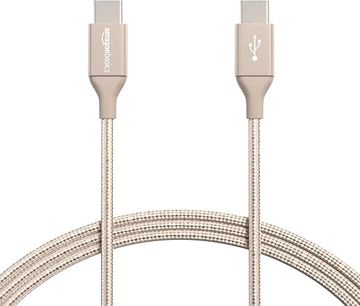 AmazonBasics Double Braided Nylon USB-C to USB-C 2.0 Fast Charging Cable for Charging Adapter, Smartphone (Gold, 3A – 6-Feet)