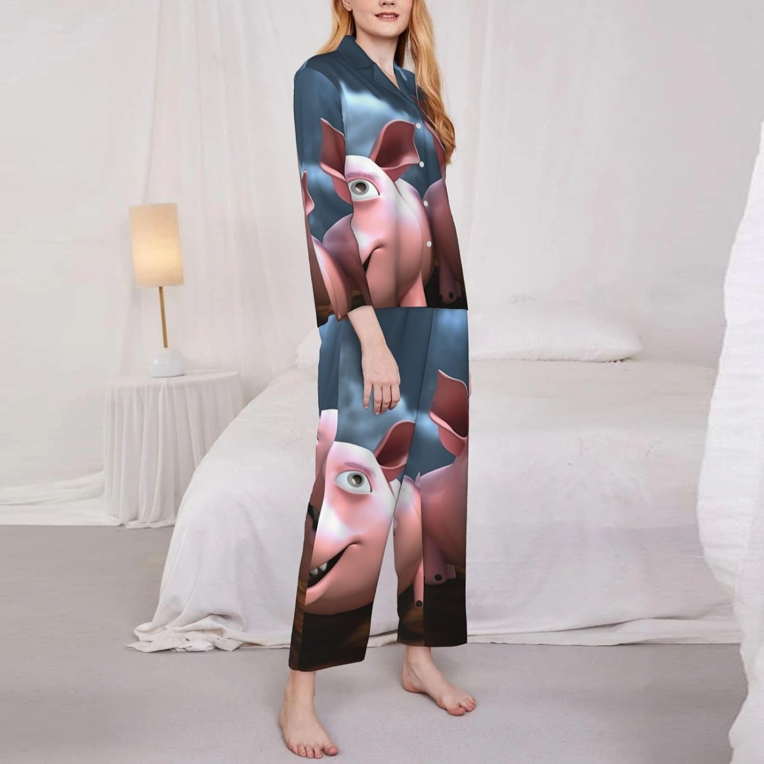 Womens Pajamas Set Button Down Pjs Funny 3D Piggies Long Sleeve Sleepwear with Pocket Nightwear Lounge Sets XX-Large Black