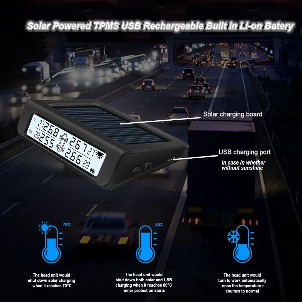 Universal Wireless TPMS Tire Pressure Monitor System Solar/USB Powered 4pcs Internal/External Sensors Real Time Monitoring Pressure Temperature LCD Display (with 4pcs Internal sensors, T812K)